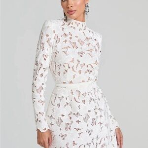 NADINE MERABI White Floral Lace Long-Sleeve High Neck Dress